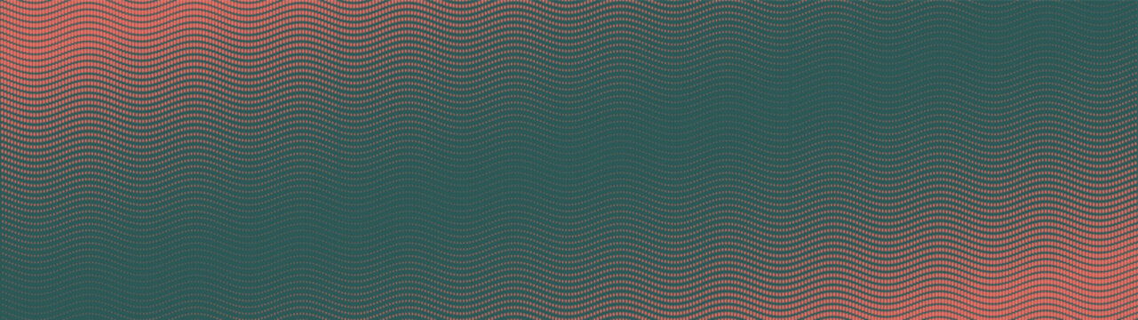 Dashed wavy lines grid halftone pattern center faded diagonal gradient ultra wide 32:9 aspect ratio red dark green vector abstract background. Half tone graphics widescreen format subtle fine texture