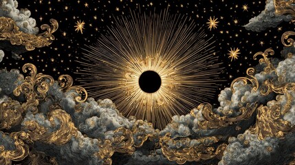 Obraz premium Vintage woodcut style solar eclipse background with golden sun rays black sun moon and luxury baroque clouds. Celestial starry night sky with antique engraved style mystic universe illustration.