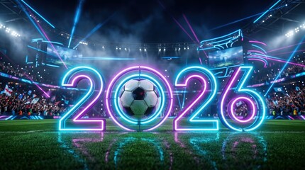 Fototapeta premium Futuristic Neon 2026 Sign with Soccer Ball on Stadium Field