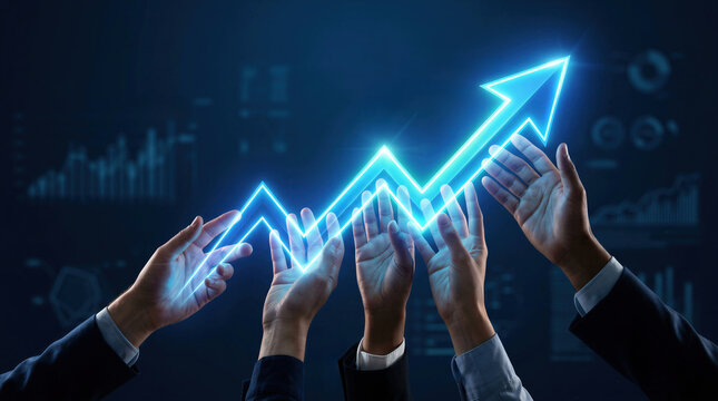 Multiple business hands supporting a glowing blue upward arrow against financial chart background, representing team-driven growth, corporate success and market prosperity.
