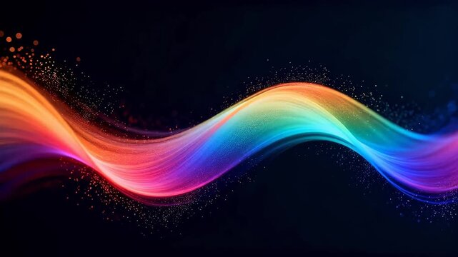Colorful abstract waves with rainbow gradient light ribbons flowing on dark background