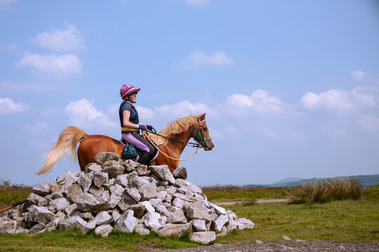 Pretty young female rider and her chestnut pony enjoy riding at the top of the Long Mynd one of Shropshires beautiful hills a place for walkers riders and everyone to enjoy the freedom and quiet.