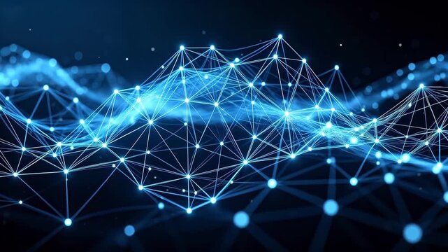 Abstract blue digital network with connected dots and lines on dark background