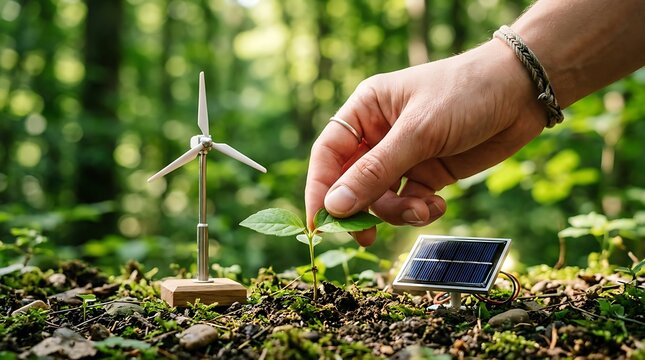 Hand touching green plant with miniature wind turbine and solar panel model in nature