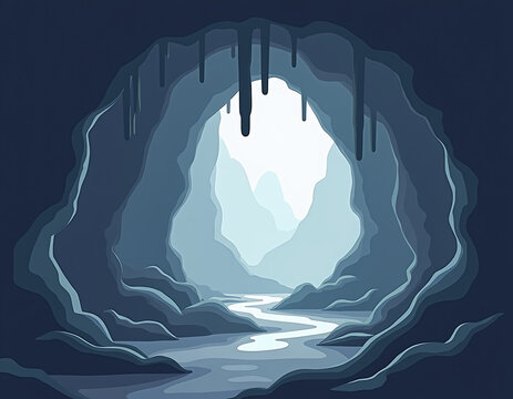 Majestic Cave Stalactites and Stalagmites Illuminated by Subtle Blue Light, Evoking a Sense of Ancient Wonder and Geological Majesty