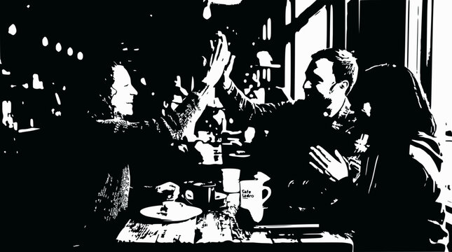 Friends High Five Celebration at Cafe Table