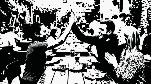 Friends celebrating success with high five at outdoor cafe, monochrome graphic style