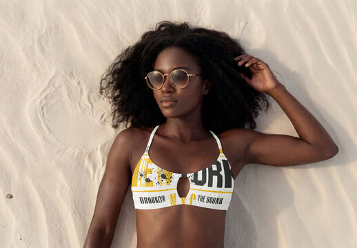 Mockup template of black Woman wearing bikini on Beach Sand Generative AI