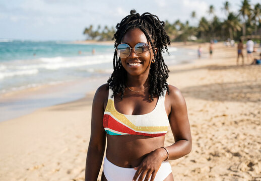 Mockup template of black woman wearing bikini Smiles at Beach