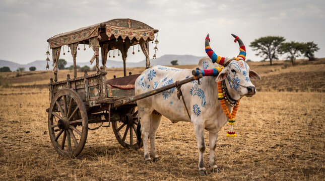 Rustic bullock cart with beautifully adorned cattle in harvested rural field, showcasing traditional Indian village culture, farming heritage, and countryside transportation lifestyle