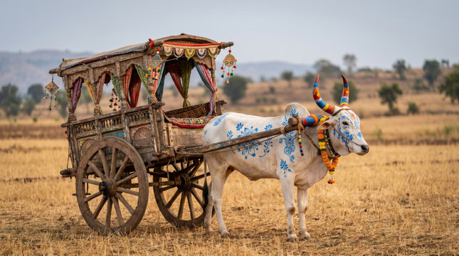 Traditional Indian bullock cart in rural farmland landscape with decorated oxen, rustic wooden carriage, and authentic countryside transportation representing village heritage lifestyle