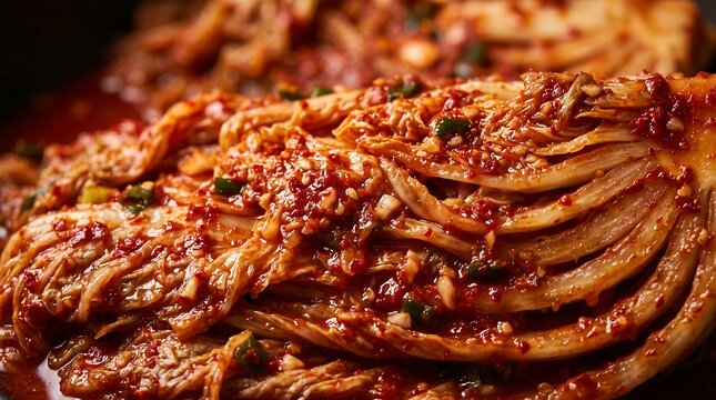 Close-up of deliciously prepared traditional Korean spicy fermented napa cabbage kimchi, showcasing its vibrant red color and texture