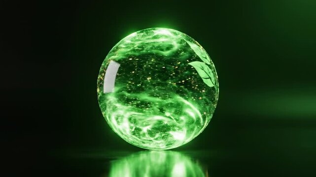 Vibrant green swirling energy orb with glittering gold particles and subtle leaf patterns, representing nature's power or digital innovation, ideal for futuristic concepts or organic technology themes