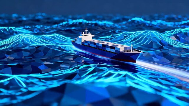 Container cargo ship sailing on low poly geometric ocean with neon blue waves