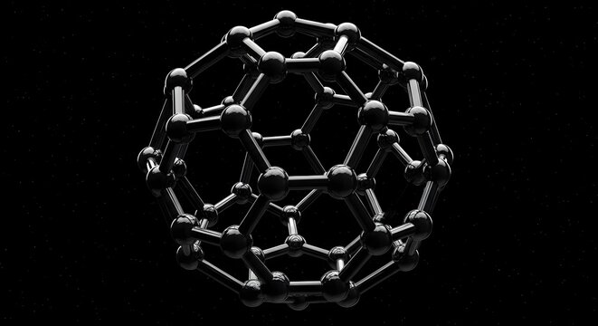 Buckminsterfullerene molecule structure on black background