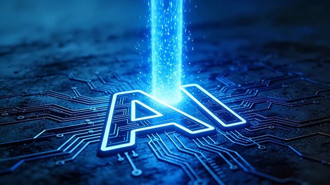 Artificial intelligence concept with glowing blue AI text on circuit board and light beam