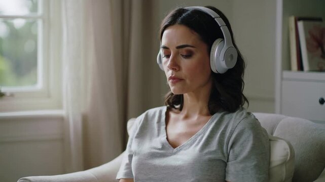 Shifting gaze woman in grey tee settling into armchair by window, headphones playing to relax