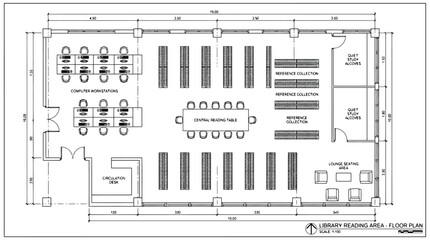Architectural floor plan of a library reading area with detailed dimensions and labels architectural drawing © Kosain