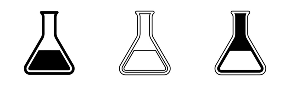 Three erlenmeyer flask line icons for laboratory and chemistry use