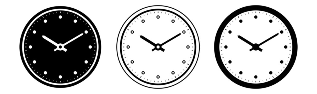 Three black and white analog clock faces with varying designs and color schemes