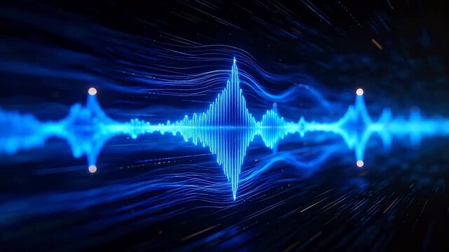 Blue digital sound wave curves with glowing dots on dark background