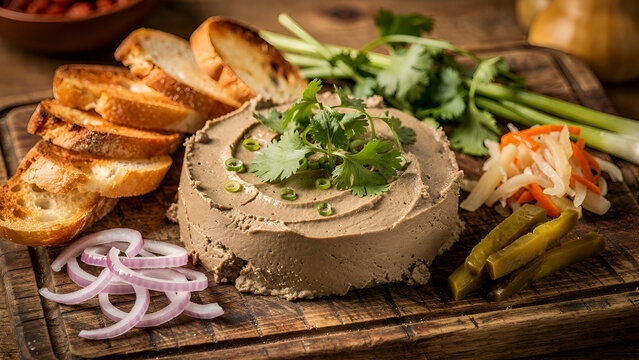 Vietnamese chicken liver p&acirc;t&eacute;, smooth and creamy texture, garnished with herbs, served on a rustic wooden board with toasted baguette slices, shallots, and pickled vegetables 