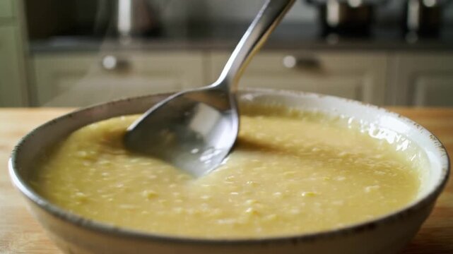 Entering metal spoon touching porridge, sweeping, scooping in ceramic bowl on wood board in kitchen