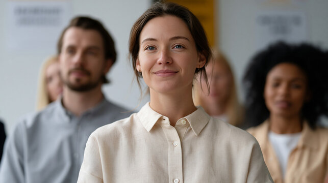 Multinational group of corporate employees participating in workplace mental health first aid certification, role play scenario with facilitator demonstrating de-escalation, conference room with mot