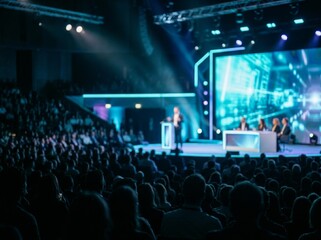 Naklejka premium A blurred photo of a crowded audience at a technologically advanced conference with speakers on stage.