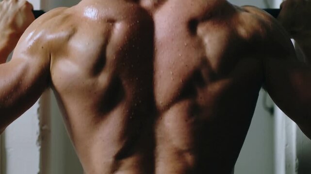 Gripping pull-up bar, shirtless man doing pull-ups for muscle training at home gym showing sweat