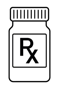 Rx Medicine Bottle Vector Illustration - Professional Healthcare Character for Pharmacy Branding, Wellness Gift Guides, and Clinical Service Icons. Modern Black and White Line Art.