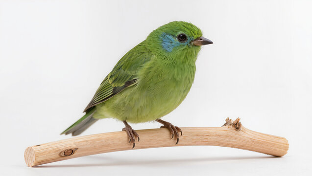 Isolated tiny vibrant green parrotlet bird on a solid white studio background