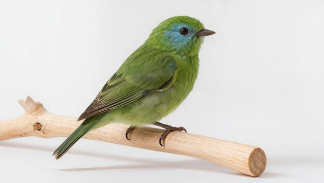 Isolated tiny vibrant green parrotlet bird on a solid white studio background