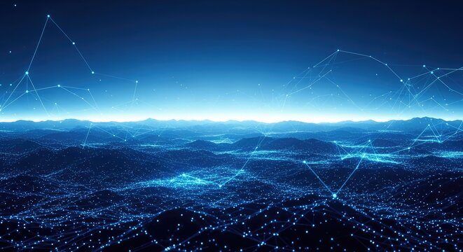 Neon technology network futuristic cityscape with glowing data streams and digital connection points