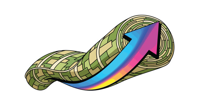 A stylized roll of patterned green currency transforming into a vibrant rainbow-colored upward-pointing arrow against a plain white background representing economic growth.