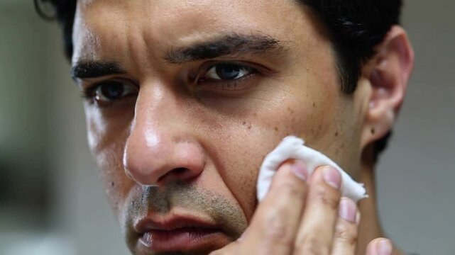 Bringing man with stubble pressing cotton pad across right cheek at bathroom mirror, cleansing skin