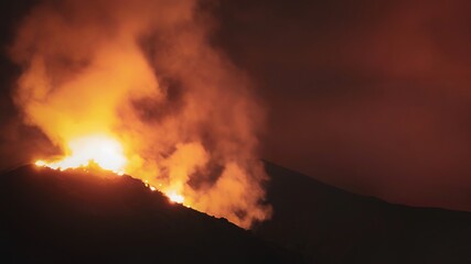 Fototapeta premium Wildfire Burning Forest at Night with Flames Smoke and Glowing Fire Natural Disaster Climate Crisis and Environmental Damage.