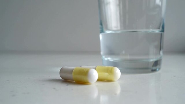 Entering left, adult hand placing two yellow-white capsules on countertop to take with glass