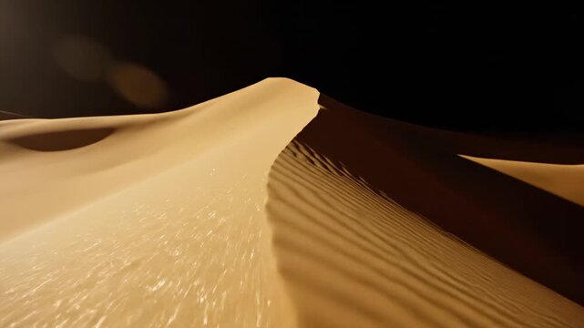 Golden sand dune crest under dark night sky, dramatic low angle view of desert landscape, serene atmosphere, natural patterns