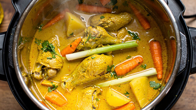 Vietnamese chicken curry in an Instant Pot, rich golden curry sauce with tender chicken pieces, carrots, potatoes, lemongrass, coconut milk, aromatic herbs, steaming hot, served in the Instant Pot ins