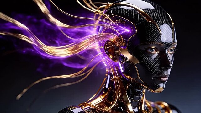 Futuristic humanoid robot head with black carbon fiber and gold details surrounded by purple energy