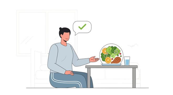 Healthy Food Choice: Person smiles with a fresh salad and assures good nutrition