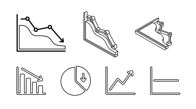 Six diverse financial chart icons are presented in a combination of two-dimensional line art and isometric perspectives on a light, neutral background surface.