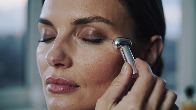 Massaging woman starting skincare routine rolling metal T roller under right eye at vanity