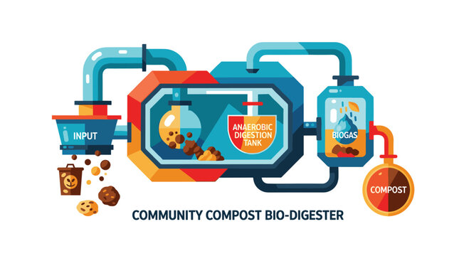 A schematic diagram outlines the community bio-digester process for converting organic waste into renewable biogas and compost with clear labels on a white background.