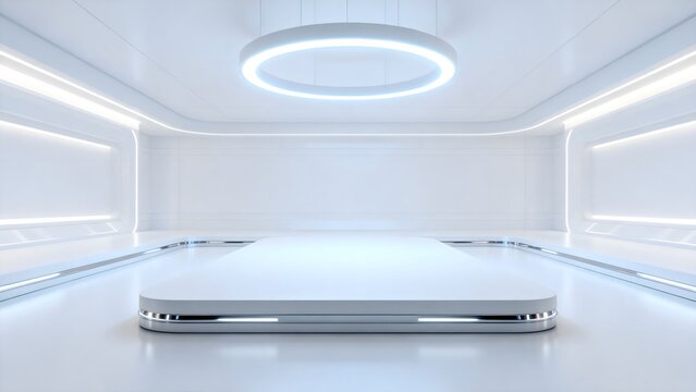 Futuristic white room with central platform