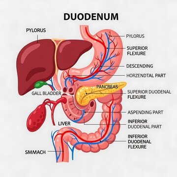 Anatomical diagram of human duodenum and surrounding organs.