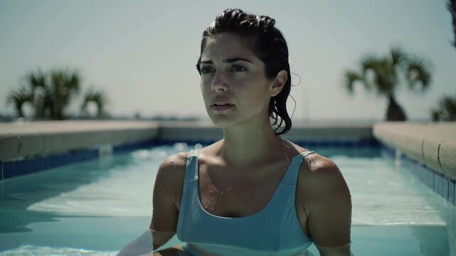 Sitting woman turning head and breathing, causing ripples in shallow pool, wearing blue swimsuit