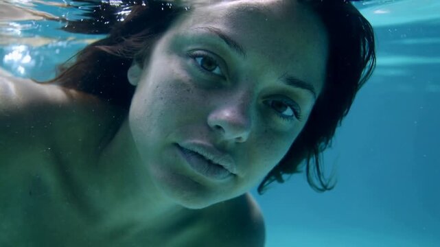 Camera rolling, woman holding breath and gaze at pool surface, bare shoulders, ripples