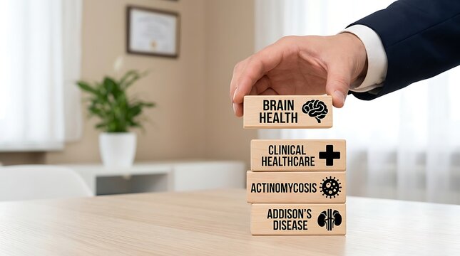 Hand holding wooden block with brain health concept on table in office